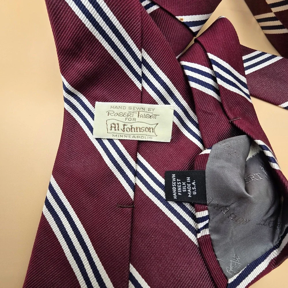 Robert Talbott Al Johnson Mens Silk Tie Burgundy Navy White Triple Stripe USA